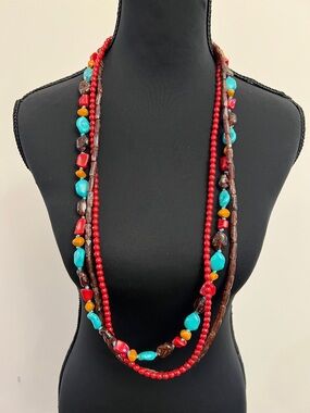 Layered Red, Turquoise & Amber Bead Statement Necklace